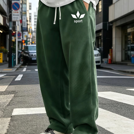 Mens Corduroy Wide Leg Trousers Elastic Drawstring Waist Abstract Leaf Sport Graphic Print Loose Straight Casual Street S-4XL
