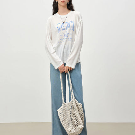 ZIQIAO Loose-fitting Linen Letter Printed T-shirt for Women Solid Long Sleeve Sheer Simple Trendy Casual Spring 2026 New Arrival