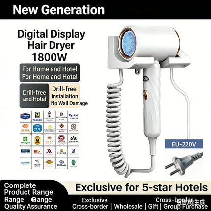 1800W Wall Mounted Hair Dryer with LED Temp Display, 3 Speed Hot/Cold Air, No Drill for Hotel Home Bathroom