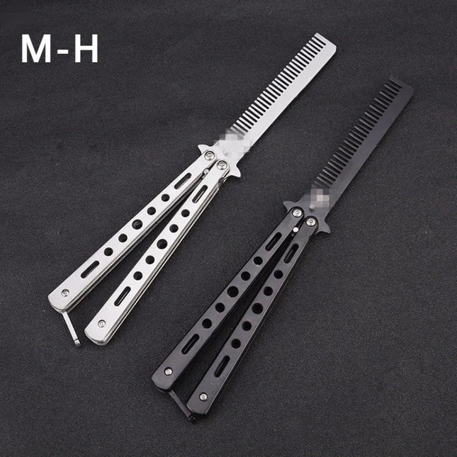 Foldable Comb Stainless Steel Practice Training Butterfly Knife Comb Beard Moustache Brush Salon Hairdressing Hair Styling Tool