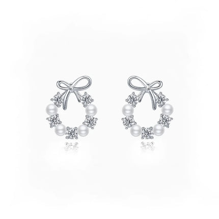 Fashion Lmitation Pearl Crystal Bow Stud Earring For Women Girl Fashion Cute Loreanearrings Party Trending Jewelry Wholesale