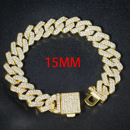 HipHop Men Women 13MM Prong Cuban Link Chain Bracelet Bling Iced Out 2 Row Rhinestone Paved Miami Rhombus Cuban Chain Jewelry