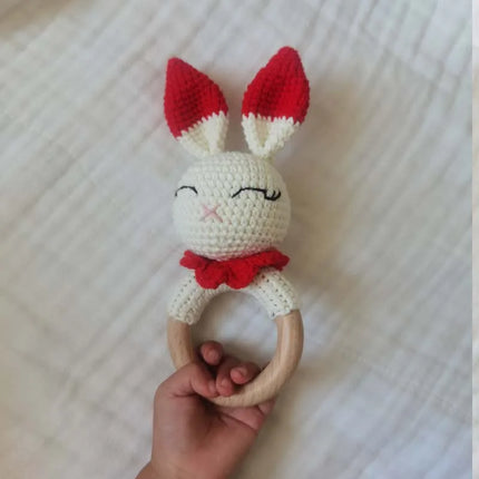 Amigurumi Cartoon Animal Baby Rattle Cute Wooden Ring Handhold Newborn Rattle Toys Handmade Pacifier Clips Kids Educational Toys