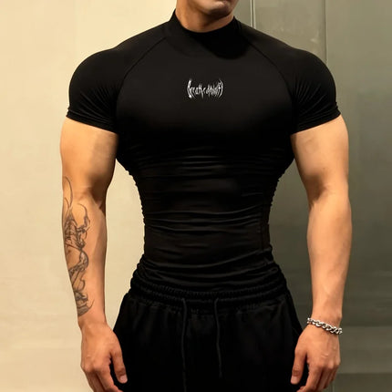 Men Gothic Print Compression T-Shirt Turtle Neck Quick-Dry Fitness Training