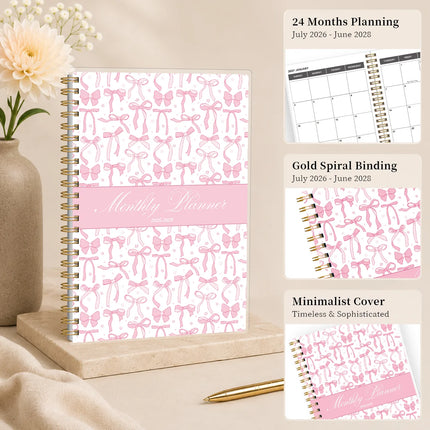 1PC 2026.7-2028.6 Monthly Planner, 24 Month Pink Bow Spiral Agenda Notebook, A5 Schedule Organizer with Notes Pages