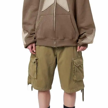 Y2K Vintage Star Print Hooded Hoodie for Women Casual Loose Long Sleeve Zip Up Drawstring Sweatshirts Autumn Spring Coat Street