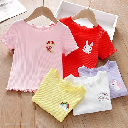 Girls' Embroidered Short Sleeve T-Shirt Ice Silk Summer Top with Ruffle Trim Stretchy Soft for Toddler Baby 1-6 Years