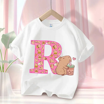 Summer Capibara Anime Letter A-Z Cute Printed Children's T-shirt Girls Short Sleeve Cotton Fashion Tops Kids Clothes Casual Tees