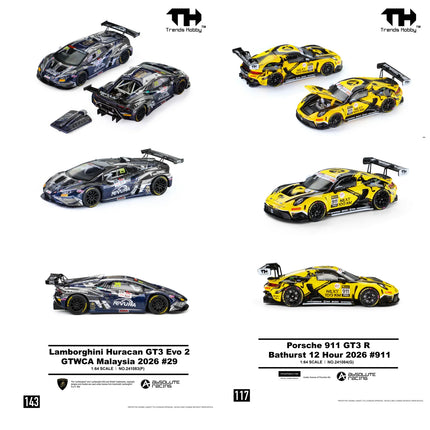 TH 1:64 Lamborghini Huracan GT3 EVO2 - GTWCA 2026 No. 29 Porsche 911 GT3R-B12H2026 No. 911 Alloy Car Model