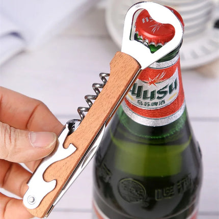 Multifunctional Wood Wine Corkscrew, Wooden Handle Stainless Steel Beer Bottle Opener, Can Opener, Custom Logo Gift