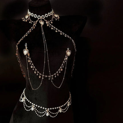 Pearl Heart-Shaped Nipple Clip Body Chain Collar Rhinestone Butterfly Pendant Chest Restraints Sexy Accessories for Women Sextoy