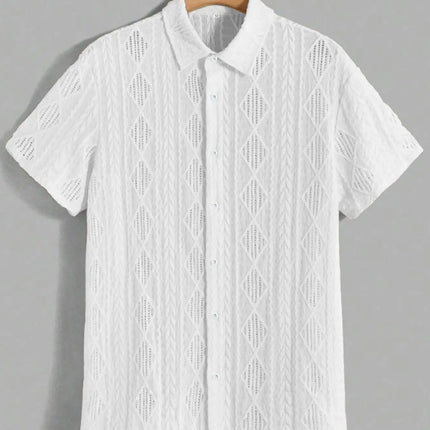 Men's regular slim fit solid color short sleeved shirt with button down casual hollow top, suitable for summer fashion daily wea