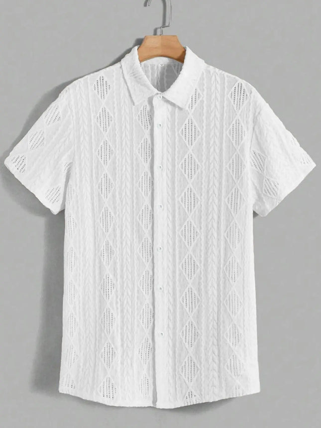 Men's regular slim fit solid color short sleeved shirt with button down casual hollow top, suitable for summer fashion daily wea