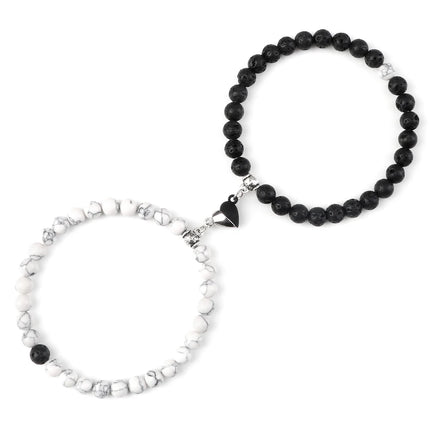 2Pcs/Set Sliver Black Color Magnet Pendant Bracelets 6MM 8MM White Porcelain Black Line Beads Couple Bracelet Jewelry Gift New