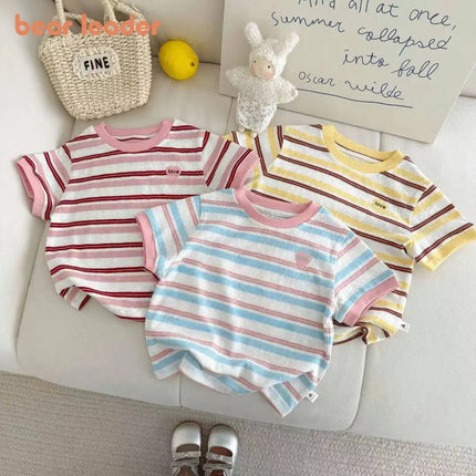 Bear Leader Summer Striped Printed Short Sleeved T-shirt Girls Clothes Fashion New Color Blocked Children's Casual Top