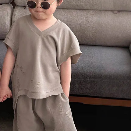 RAISE Summer Brother Sister Clothes Muslin Hollow V-collar Kids Boy Short Sleeve Top Suit Loose Solid Straight Shorts Tracksuits