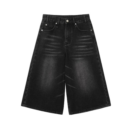 REDDACHiC Plus Size Men's Jeans Jorts Black Whiskers Cleanfit Wide Leg Casual Short Pants Hip Hop Skater Retro Summer Clothes