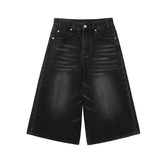 REDDACHiC Plus Size Men's Jeans Jorts Black Whiskers Cleanfit Wide Leg Casual Short Pants Hip Hop Skater Retro Summer Clothes