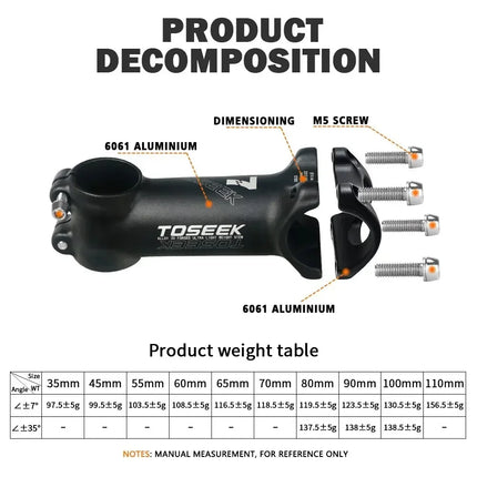 TOSEEK Bicycle Handlebar Stem 60/70/80/90/100mm MTB Stem 28.6mm 31.8mm Negative Power Mtb Lightweight Road Bike Table