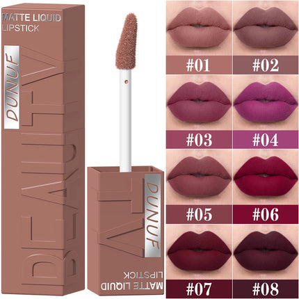 8Pcs/Set Nude Brown Matte Liquid Lipstick Velvet Sexy Dark Red Lip Glaze Non-stick Cup Not Easy To Fade Lip Gloss Lipstick Makeu