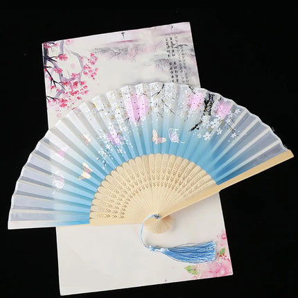 1 pcs Exiquisite Cat Patterns Summer Gift Cartoon Bamboo Wooden Folding Fan Fan Crafts Silk Fan Home Decoration