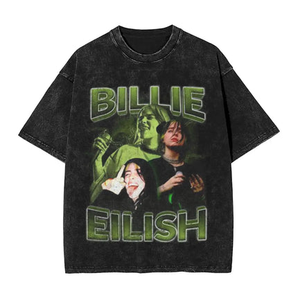 Billie Eilish Funny Poster Graphic Print T-shirt Men Women Fashion Vintage Washed Cotton O-neck Summer Tee Oversized Casual Top