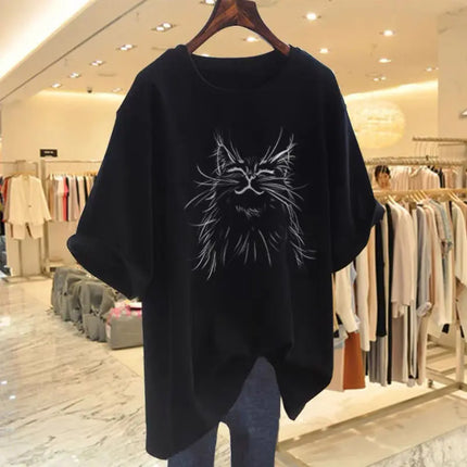 Women Fashion Cat Animal Printing T-shirt Summer Cotton O-Neck Short Sleeve Basic Top Tee Office Lady Casual Loose Pullover M-6XL