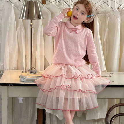2026 Spring Sweet Preppy Style Girls Blouse Pink Peter Pan Collar Bow Openwork Knit Top Soft Long Sleeve Children Tee