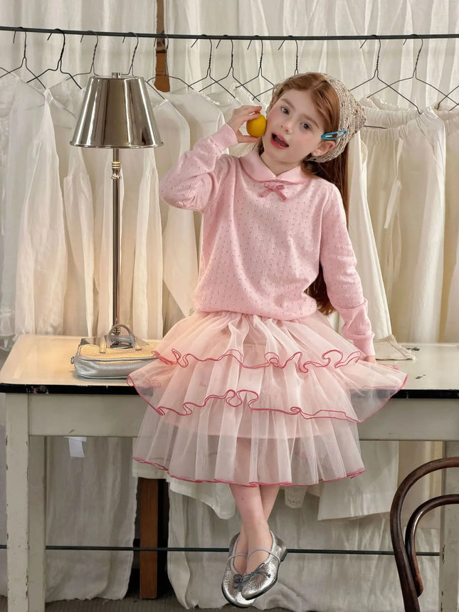 2026 Spring Sweet Preppy Style Girls Blouse Pink Peter Pan Collar Bow Openwork Knit Top Soft Long Sleeve Children Tee