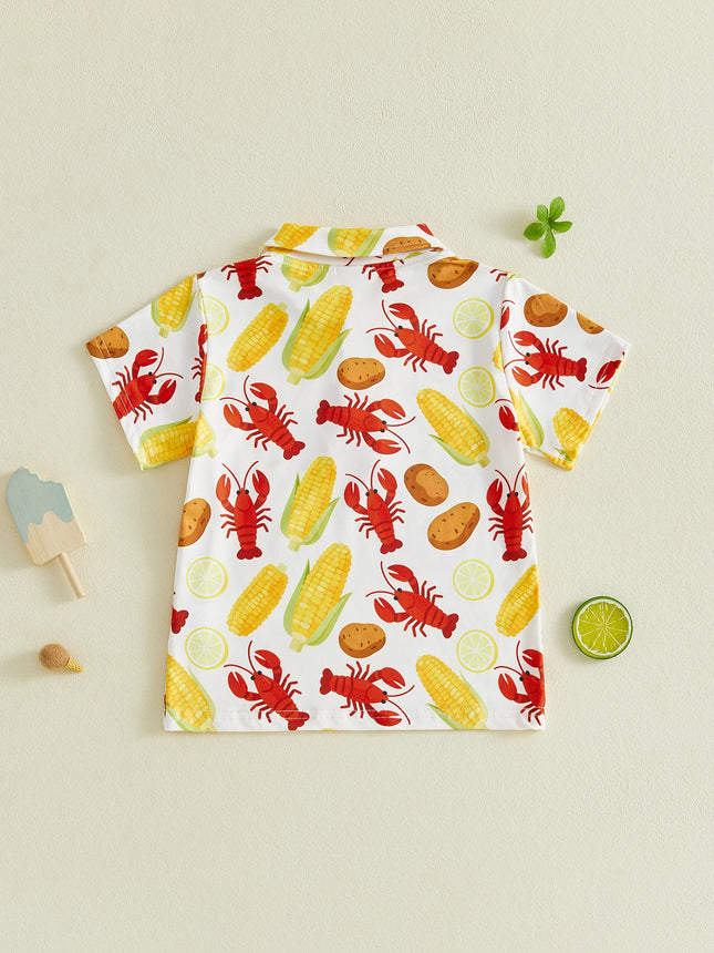 Little Boys Shirts Short Sleeve Lapel Collar Crayfish Corn Print Casual Summer Tops
