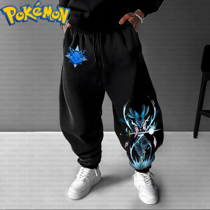 Black Cotton Pokemon Hoodie and Harajuku Pants Set with Lucario Back Print Blue White Aura Effects and Sleeve Character Design