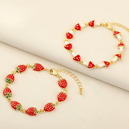 Nidin Fashion Sweet Strawberry/Mushroom/Cherry Drip Oil Delicate Bracelets For Women Girl Elegant Aesthetic Jewelry Accessories