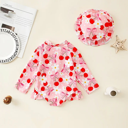 Toddler Girls Long Sleeve Rash Guard Swimsuits with Sun Hat Sets Bow Pattern Zip Up Swimwear Infant Baby Beach Bathing Suits