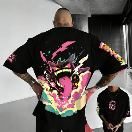 New Pokemon Cotton T Shirt with Gengar Back Print Pink Lightning Blue Smoke and Star Effects Loose Fit Men Women Casual