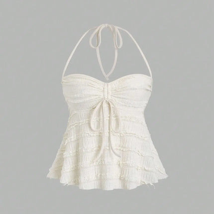 Women's Summer Fashion Casual Apricot Drawstring Neck Knitted Lace Textured Short Halter Neck Lace Up Vest Top