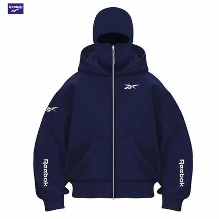 Reebok Men's New Fall/Winter Double-Pocket Hooded Sweater with Face Mask and Zipper Sports Outfit - Loose and Comfortable to Wea