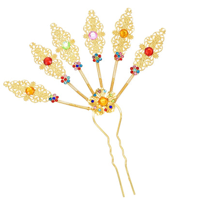 New Golden Alloy Leaf Crystal Flower Hairpin Hair Accessories for Women Thailand Ethnic Dance Party Decoration Headwear Jewelry