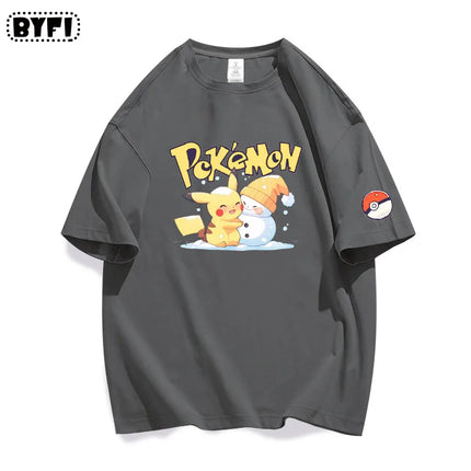 New Cool Pikachu Collaboration Pok É Mon Peripheral Short Sleeved T-shirt for Men and Women, Pure Cotton Half Sleeved Loose Top