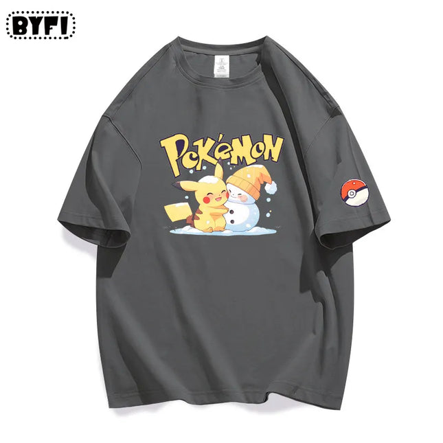 New Cool Pikachu Collaboration Pokémon Peripheral Short-sleeved T-shirt for Men and Women, Pure Cotton Half-sleeved Loose Top