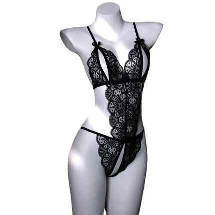 Sweet Deep V Neck Lace Bow Bodysuit Mesh Hollow Transparent Women Lingerie Jumpsuits Sleeveless Lace Sling Nightwear Gifts