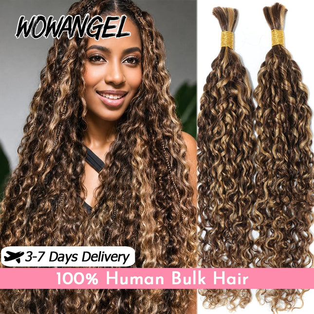 WOWANGEL 4/27 Highlight Human Hair Bulk Water Wave Hair Extensions For Braiding Boho Braids Curly Human Hair Bundles 100g/Pack
