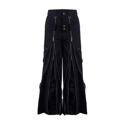 Mauroicardi Spring Autumn Cool Black Baggy Wide Leg Techwear Pants for Mens with Many Zippers Luxury Designer Clothes Streetwear