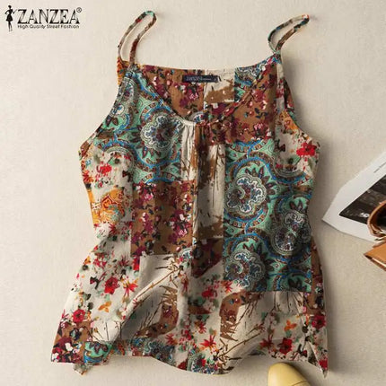 ZANZEA 2023 Summer Women Tanks Camis Cotton Sleeveless Printed Oversized Tops Baggy O-Neck Floral printed Blusas Tunic Tee