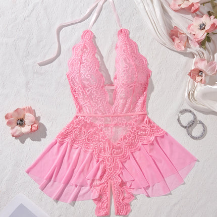 Lace Up Halter Deep V Babydoll Dress Backless Hollow Out Women Date Night Outfit