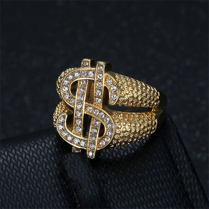 Hip Hop Iced Out Bling Dollar Signs Ring Gold Color Stainless Steel Rapper Money Big Rings For Men Party Jewelry Male Gift 2025