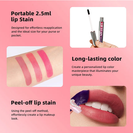 Lip Stain Blading Peel Off and Reveal Kit Long Lasting 3pcs Rose Waterproof Pink Lip Tint Transfer Proof Natural Lip Stain Kit