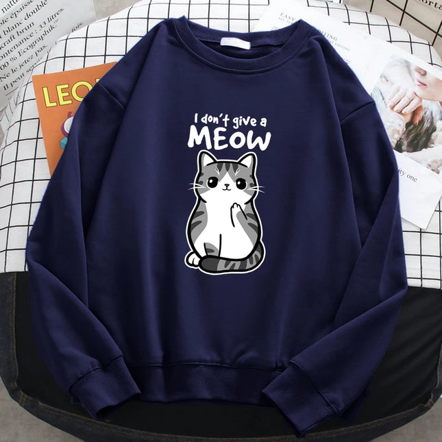 Simple Autumn Womens Sweatshirt I Don'T Give A Meow Funny Cat Cartoon Animalmale Print Hoody Fleece Pullovers Loose Warm Tops
