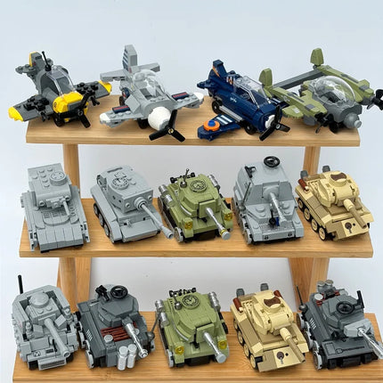 Spring Powered Mini Building Blocks Combat Aircraft Tank Series Desktop Model Kids Toy Adult Creative Gift Colorful Bags