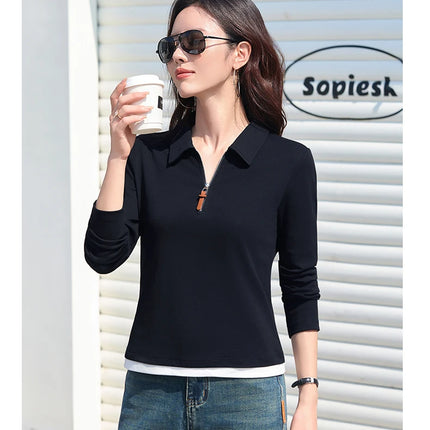 False Two-piece Design Polo Collar Shirt Women's Long Sleeve Cotton T-Shirt Solid Color Business Casual Blend Top Fashion Style