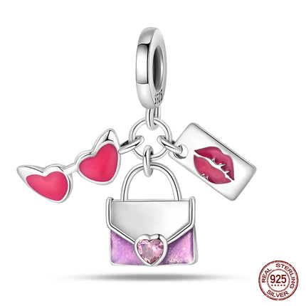100% 925 Sterling Silver Fashion Pink Princess Skirt Bag Lipstick Charms Beads Fit Qikaola Original Bracelets DIY Jewelry Gifts